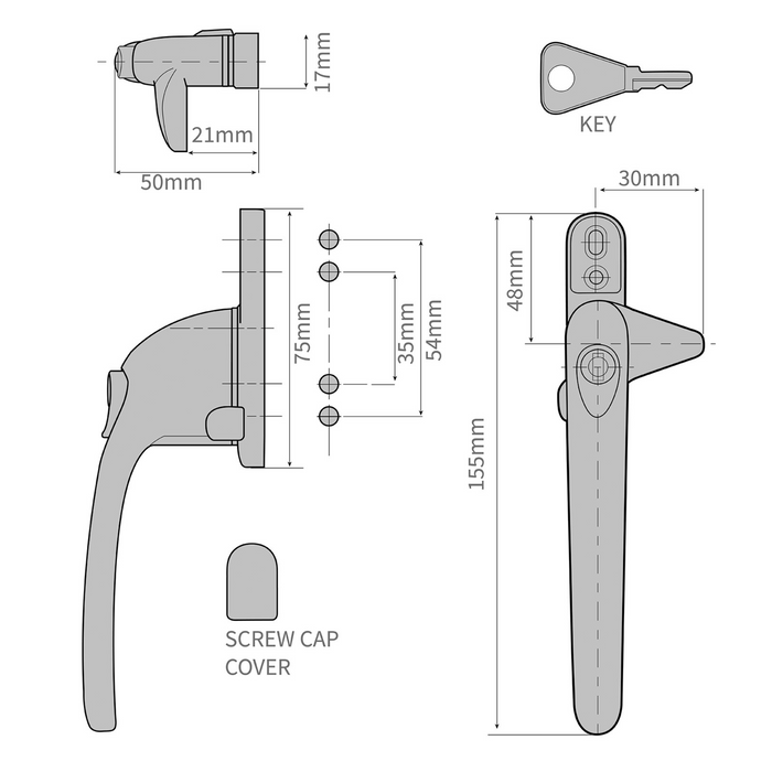 Universal Stack Cockspur Window Handle Kit - Suits Applications 9mm to 21mm