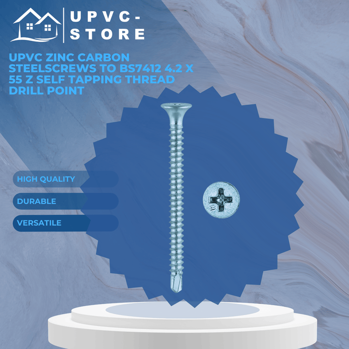 UPVC Zinc Carbon Steel Screws to BS7412 4.2 x 55 Z Self Tapping Thread Drill Point Box of 500 