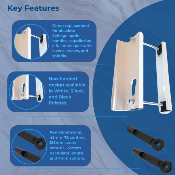 Schlegel UPVC Inline Sliding Patio Door Handle 43mm PZ 135mm Screw Centres Pair