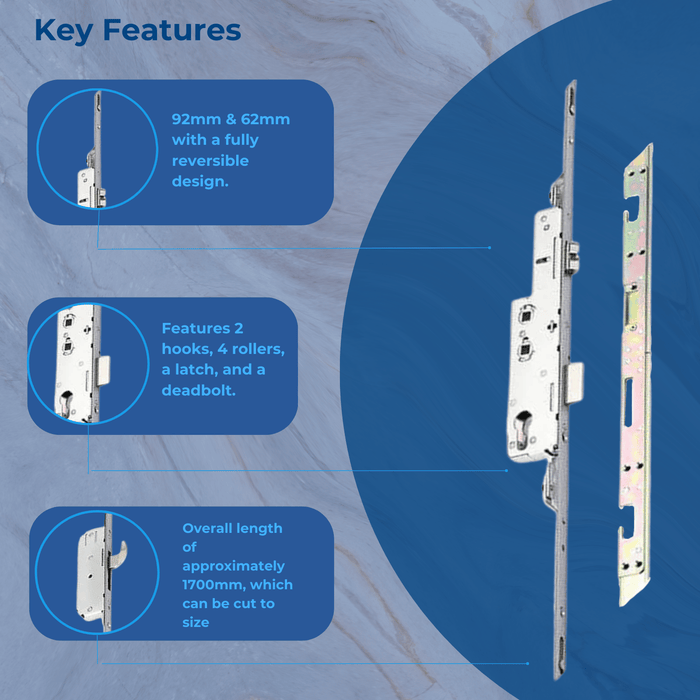 Avocet Wms Upvc Door Lock Silver New Style 2 Hook 4 Roller 35mm Multi Point + Keep