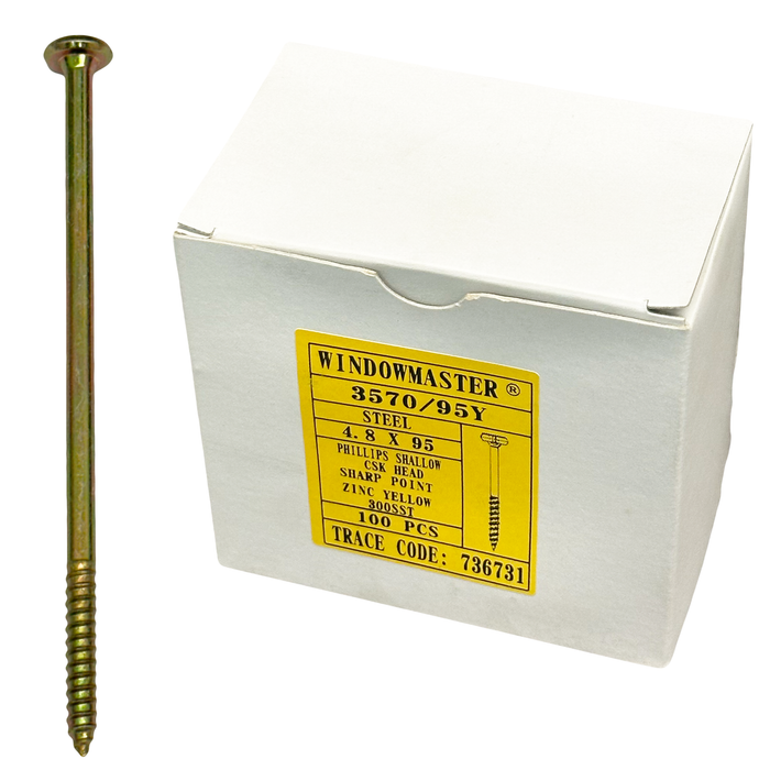 WindowMaster Steel 4.8x95 Phillips Shallow CSK Head Sharp Point Screw Zinc Yellow 300SST - 3570/95Y - Box of 100 Screws