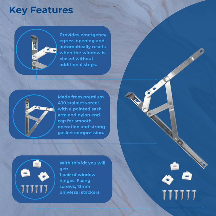 Egress Friction Stay Window Hinges 12" & 16" – Universal uPVC Hinges – 13mm & 17mm Stack Heights – Hinge Kit