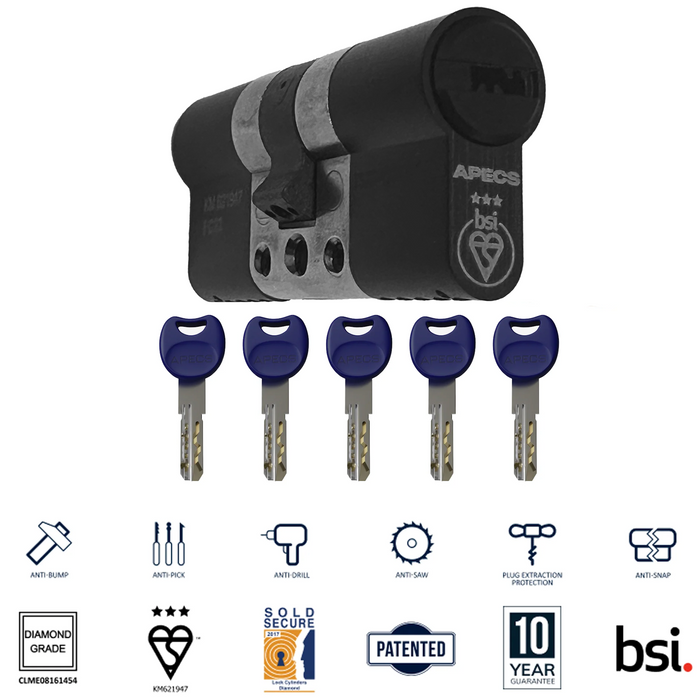 APECS AP 3* Star Black Euro Cylinder Door Lock uPVC Aluminium Timber Door Barrel 6 Pin 5 Keys