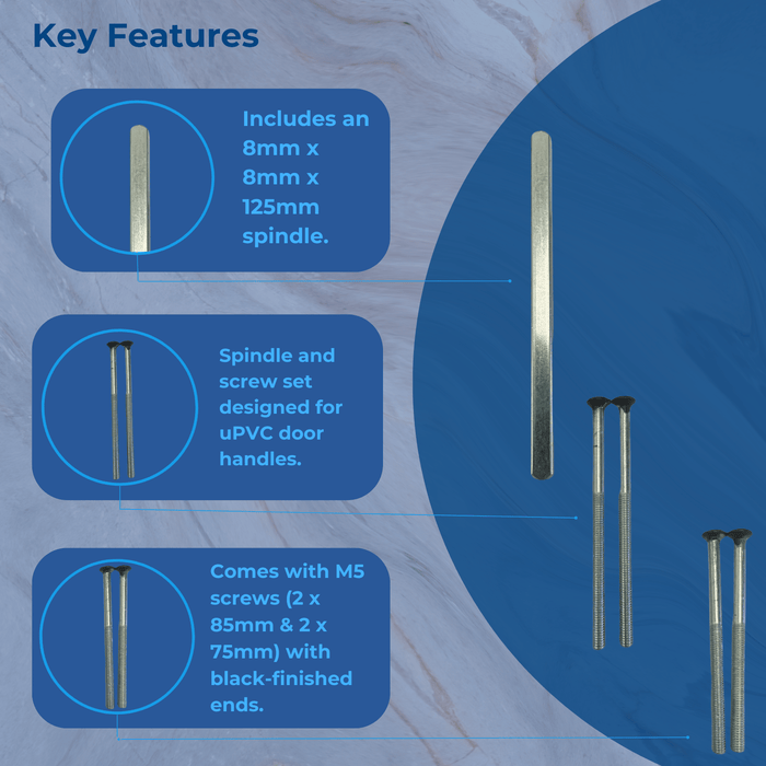 uPVC Door Handle Spindle And Screw Fixing Kit Black M5 x 75 M5 x 85 Door Screws