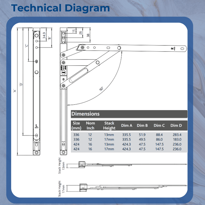 Horizon Egress Window Friction Stay Hinges True 90 Degree – Secure Ventilation Solution 12" & 16" – 13mm & 17mm Stack Heights