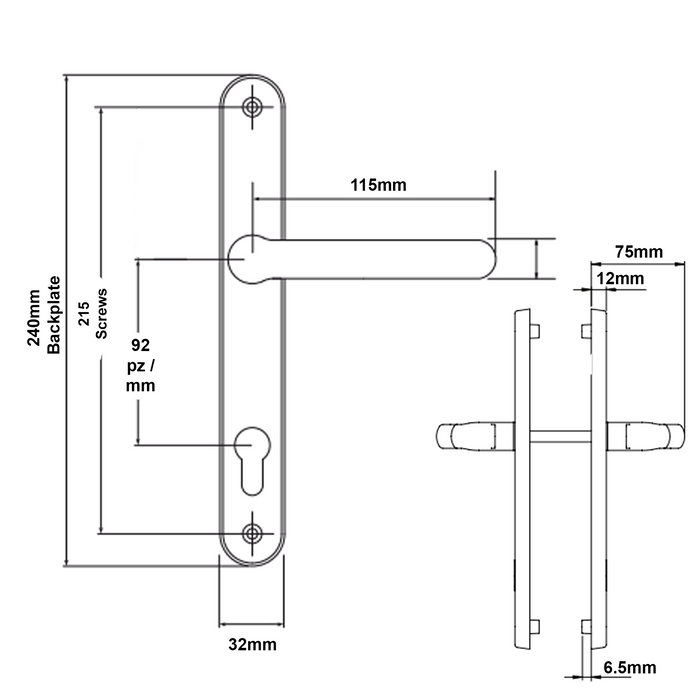 PVD Smokey Chrome UPVC Door Handle Set 92 Lever Pair 215mm Fix 240mm Backplate