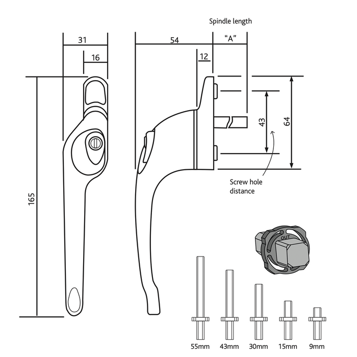 uPVC Universal Cranked Window Handle 9mm 15mm 30mm 43mm 55mm Spindle Locking Espag Double Glazing Replacement Right Left Hand